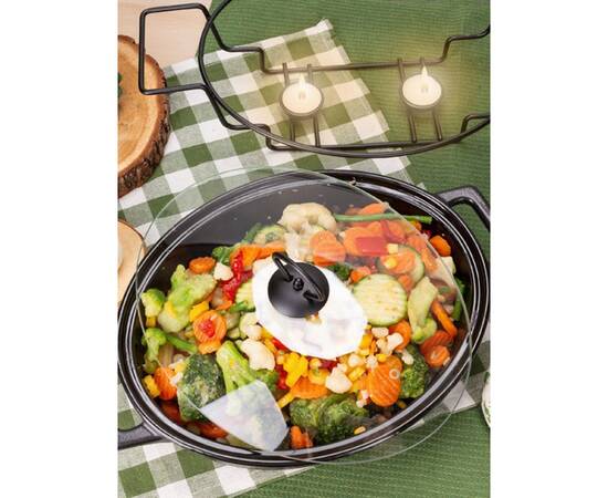 Марміт керамічний овальний 43x26.5x12 см 3,5 л зі скляною кришкою на металевій підставці (чорний) Kamille (6430), зображення 2