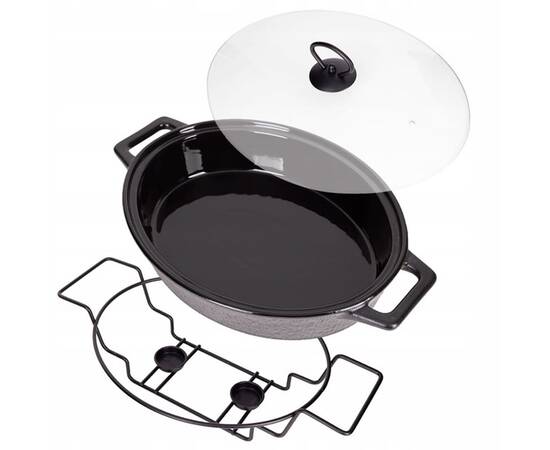 Марміт керамічний овальний 43x26.5x12 см 3,5 л зі скляною кришкою на металевій підставці (чорний) Kamille (6430), зображення 3