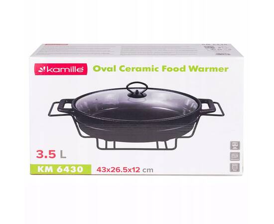 Марміт керамічний овальний 43x26.5x12 см 3,5 л зі скляною кришкою на металевій підставці (чорний) Kamille (6430), зображення 4