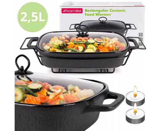 Марміт керамічний прямокутний 43x21.5x11 см 2,5 л зі скляною кришкою на металевій підставці (чорний) Kamille (6428), зображення 4