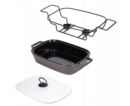 Марміт керамічний прямокутний 49x26.5x12 см 3,5 л зі скляною кришкою на металевій підставці (чорний) Kamille (6429), зображення 2