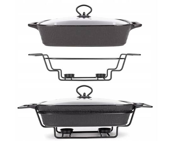 Марміт керамічний прямокутний 49x26.5x12 см 3,5 л зі скляною кришкою на металевій підставці (чорний) Kamille (6429), зображення 4