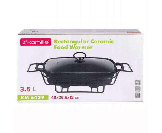 Марміт керамічний прямокутний 49x26.5x12 см 3,5 л зі скляною кришкою на металевій підставці (чорний) Kamille (6429), зображення 5