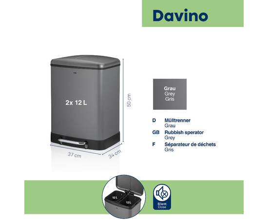 Ведро для мусора KELA Davino с педалью серое 2х12 л, 2 отдела (10949), изображение 2