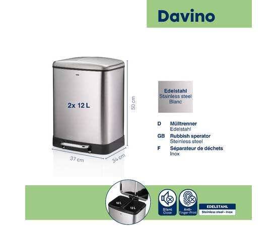 Відро для сміття KELA Davino з сріблястою педаллю 2х12 л, 2 відділи (10954), зображення 3